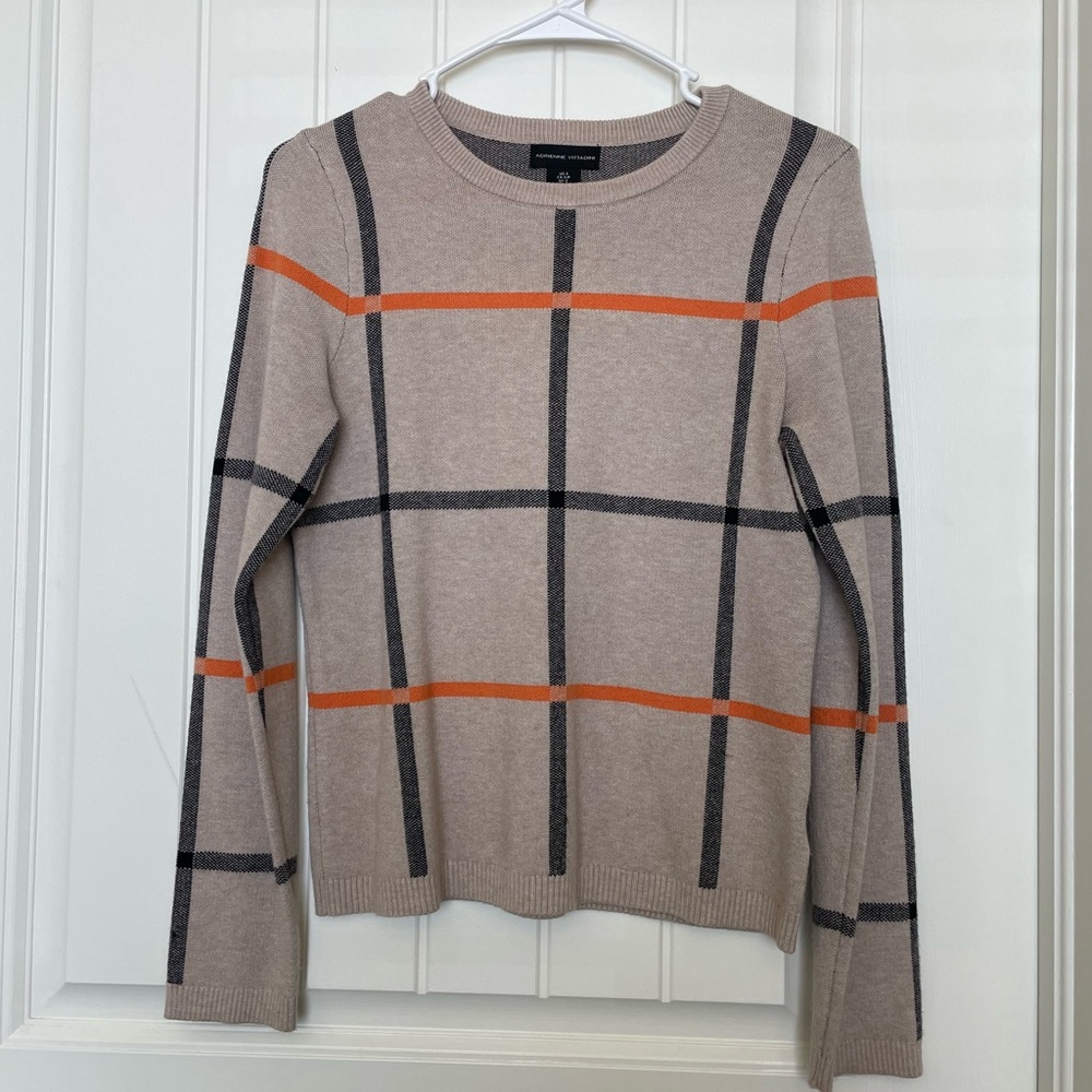 Adrienne Vittadini Tan and Orange Plaid Crewneck Sweater